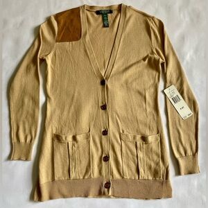Ralph Lauren Lightweight Camel Cardigan Hunting Shoulder Patch Size Petite. New!